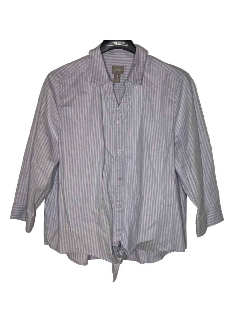 Chico's Striped Button Up Tie Front Top Sz XL 3 Preppy Coastal Boxy Nautical